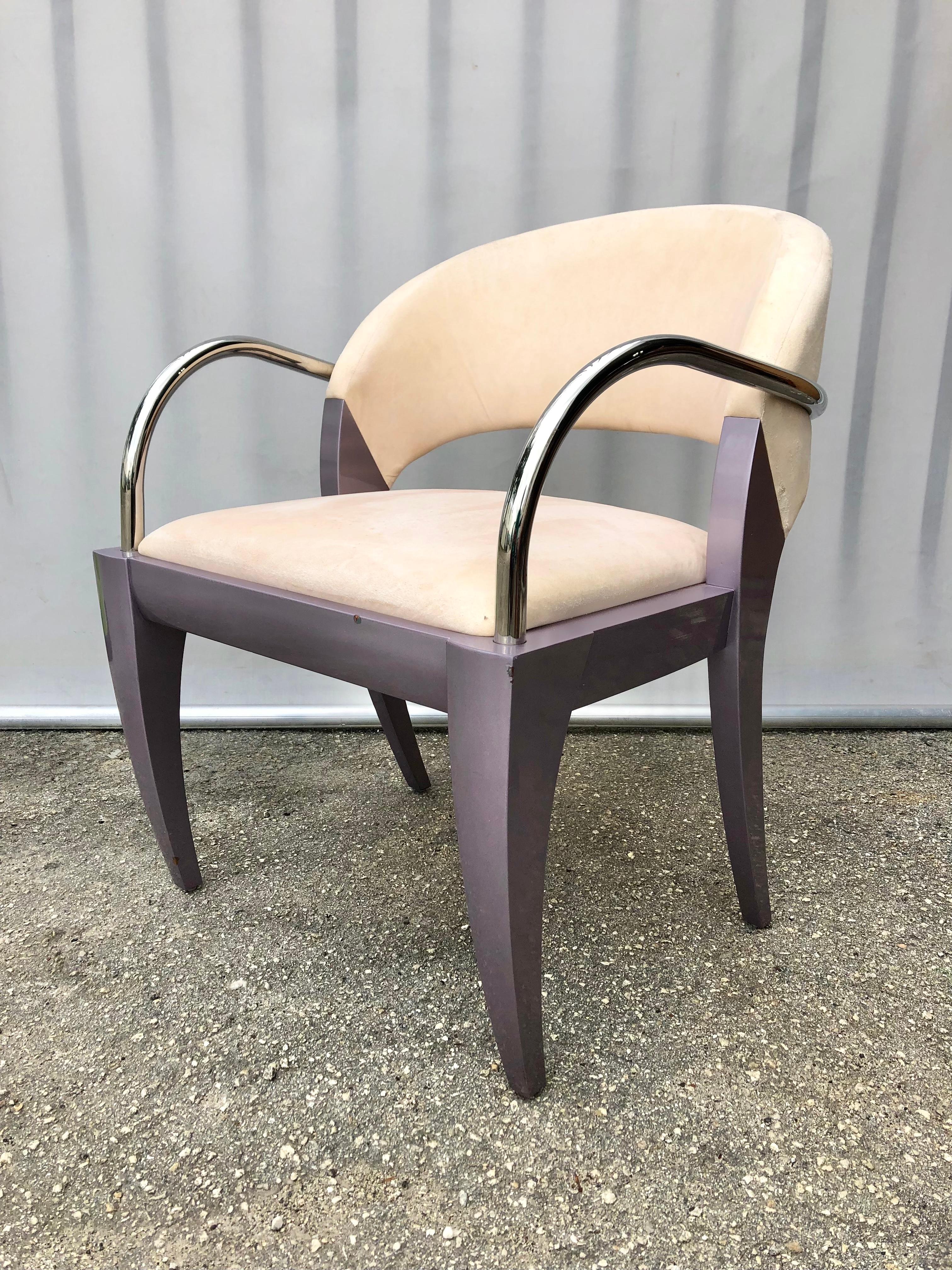 Vintage Postmodern Iconic Willow chair designed by Mitchell Pickard for Brueton Industries, NY. Circa 1980s. 
Features a gracefully curved solid wood legs with a light purple glossy lacquer finish, with tubular polished stainless steel arm rests,