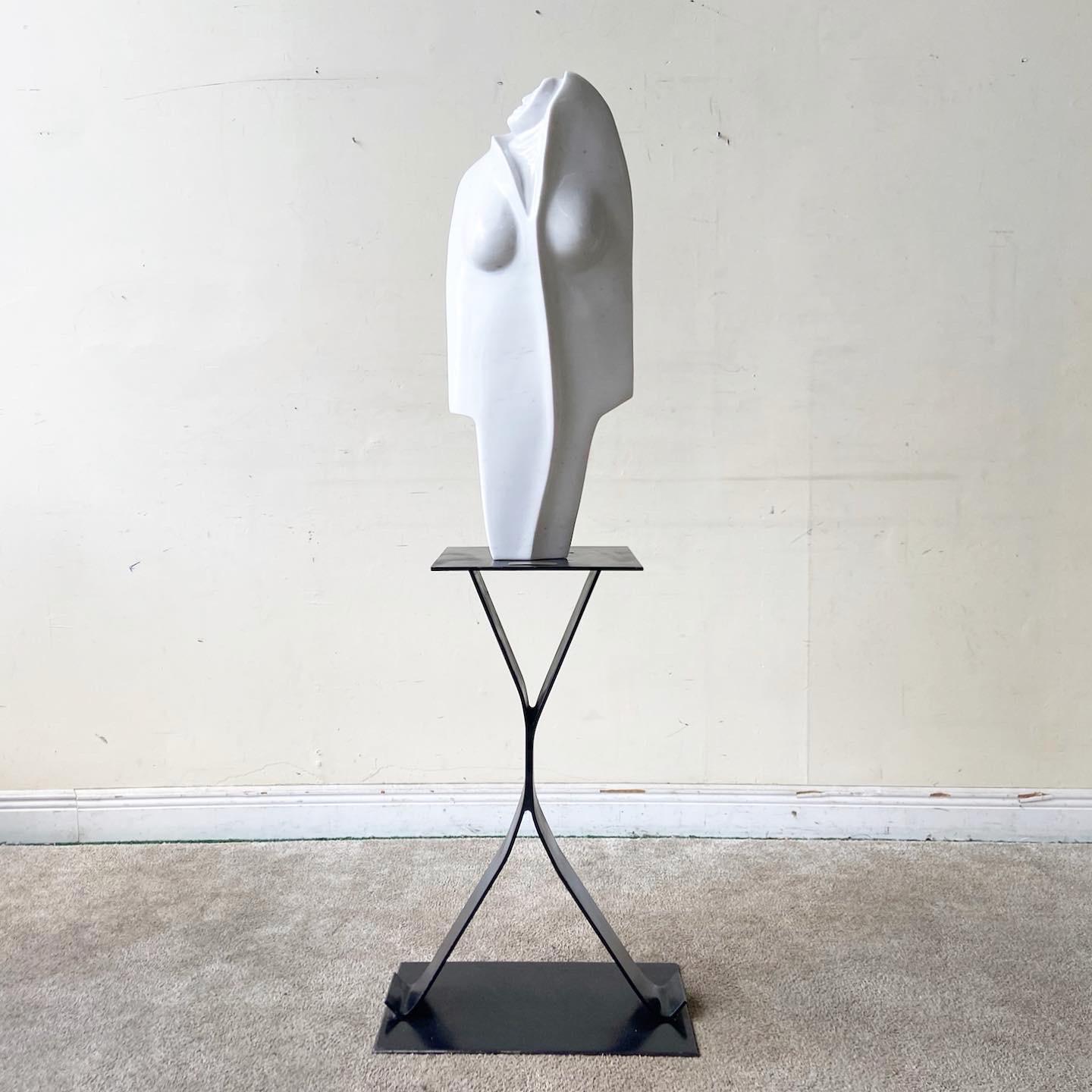 Postmodern Woman in White Marble Sculpture on Metal Pedestal - 2 Pieces For Sale 5