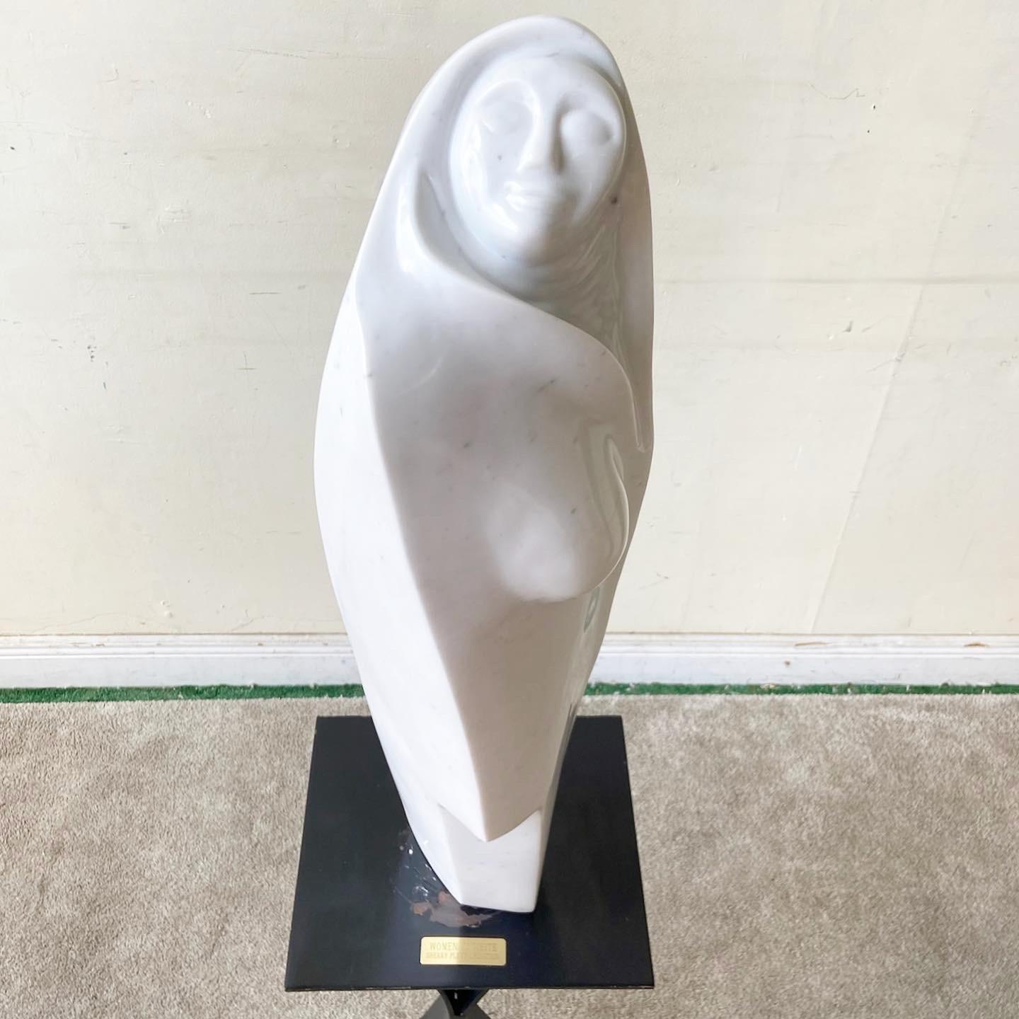 Post-Modern Postmodern Woman in White Marble Sculpture on Metal Pedestal - 2 Pieces For Sale