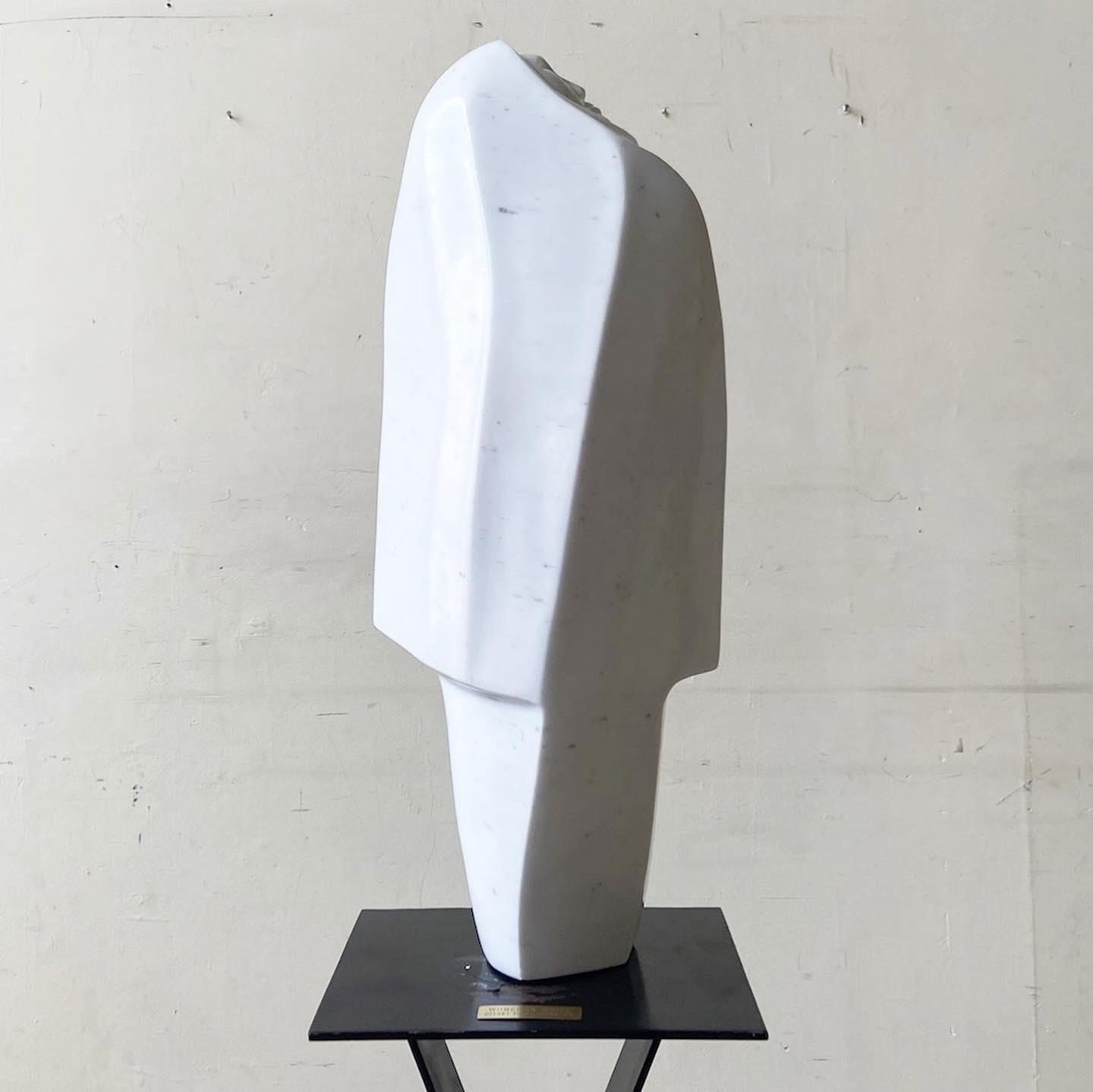 Postmodern Woman in White Marble Sculpture on Metal Pedestal - 2 Pieces For Sale 1