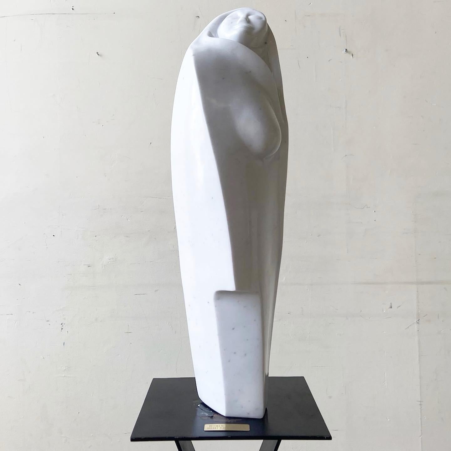 Postmodern Woman in White Marble Sculpture on Metal Pedestal - 2 Pieces For Sale 3