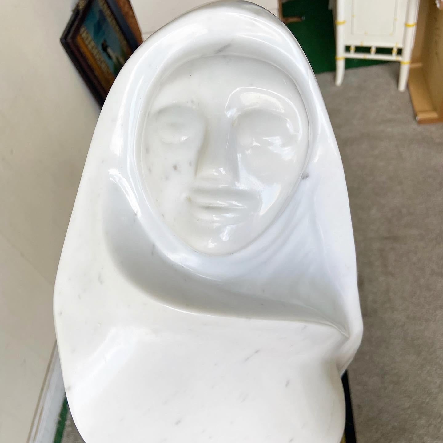 Postmodern Woman in White Marble Sculpture on Metal Pedestal - 2 Pieces For Sale 4