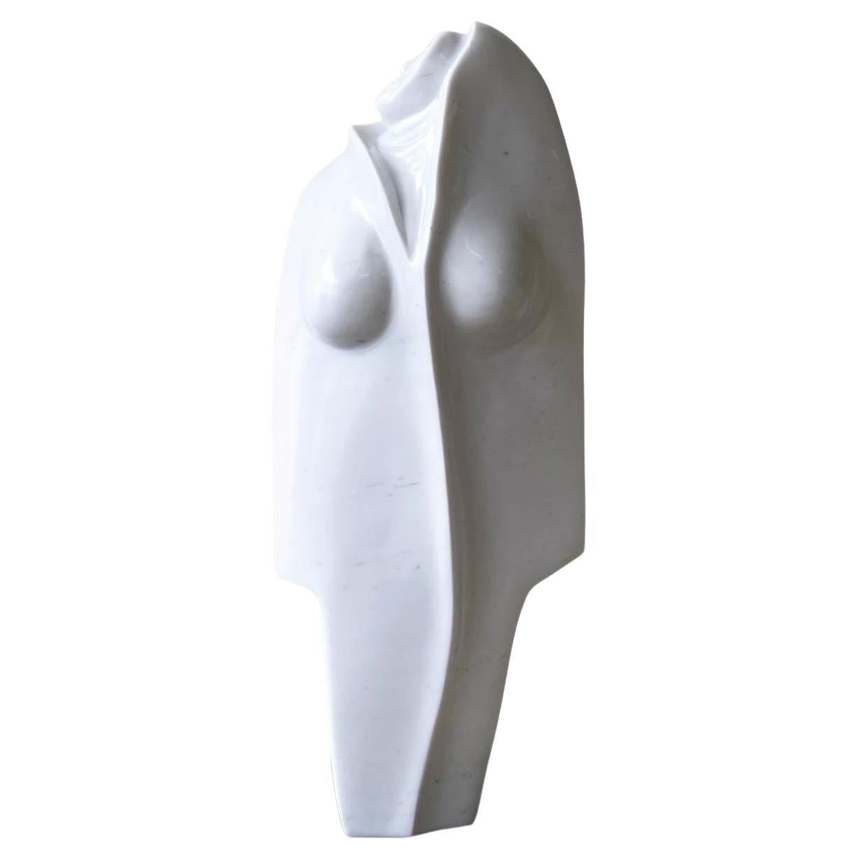 Postmodern Woman in White Marble Sculpture on Metal Pedestal - 2 Pieces For Sale