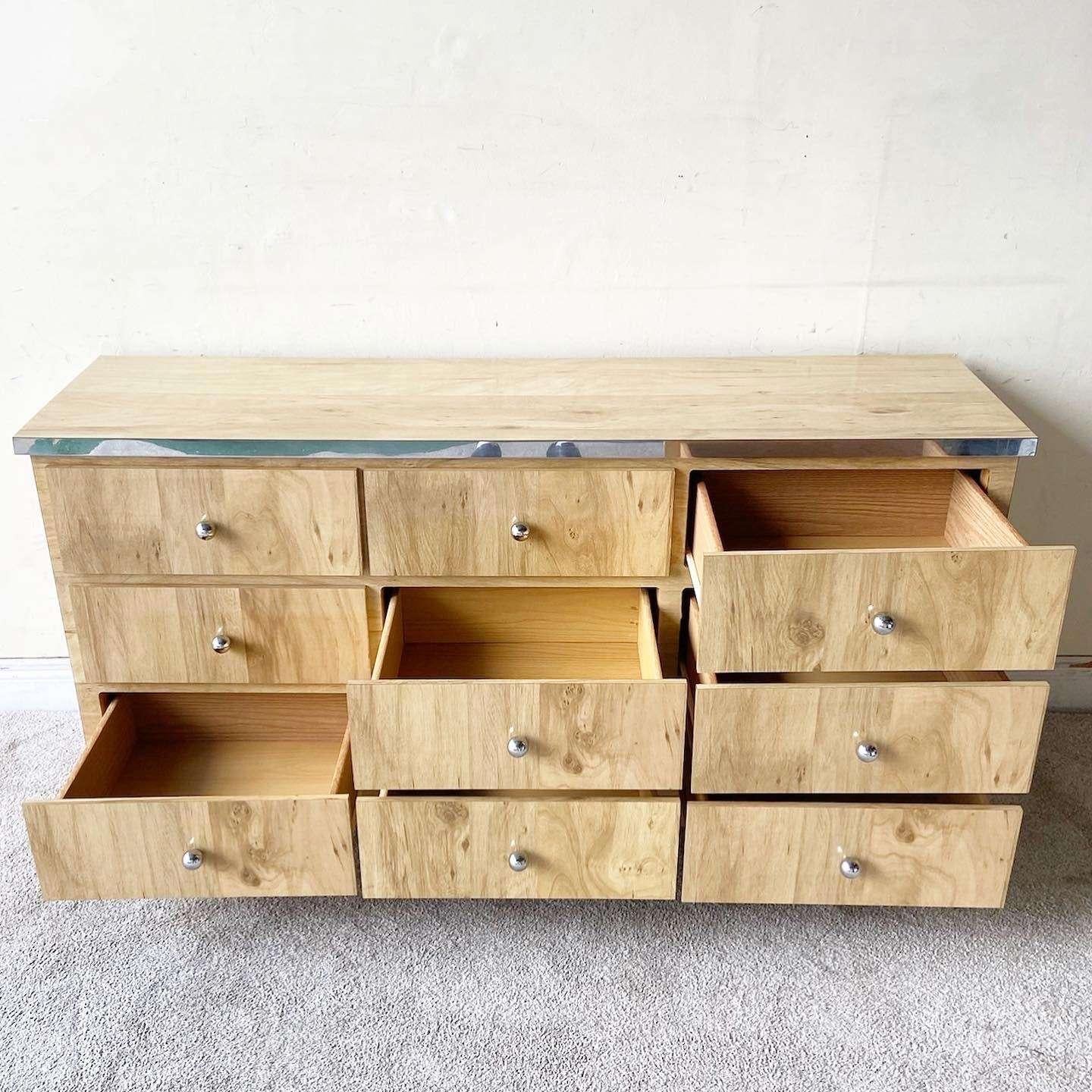 Postmodern Wood Grain Laminate and Chrome Dresser - 9 Drawers For Sale 4