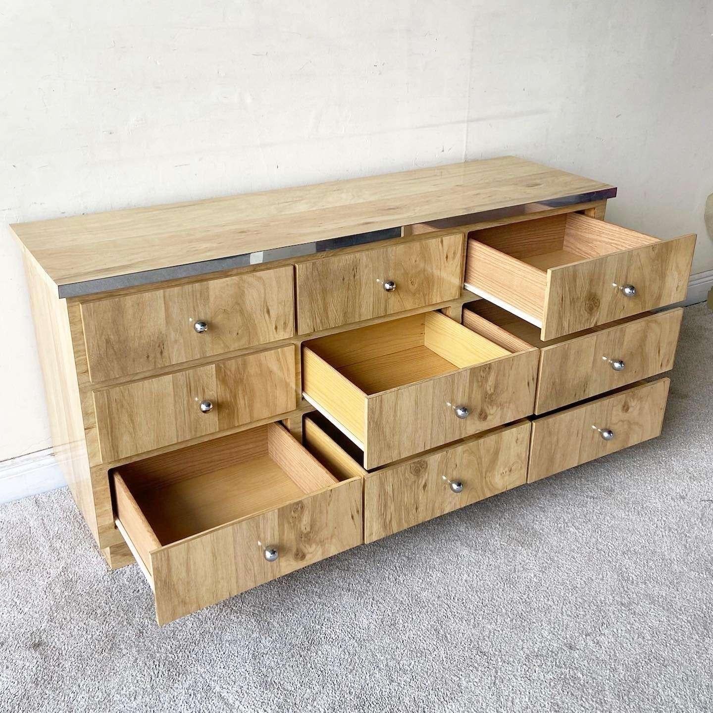 Post-Modern Postmodern Wood Grain Laminate and Chrome Dresser - 9 Drawers For Sale