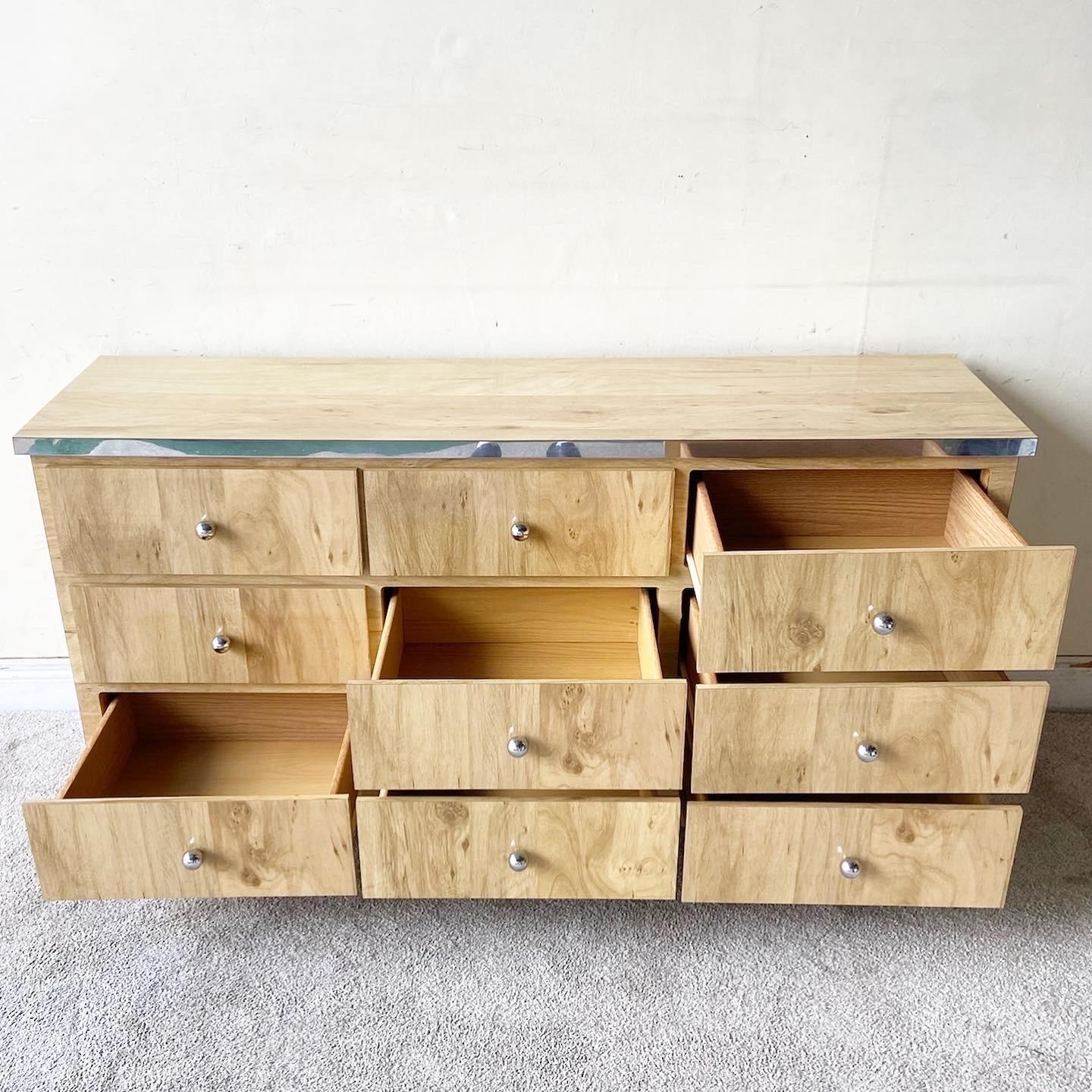 Post-Modern Postmodern Wood Grain Laminate and Chrome Dresser, 9 Drawers