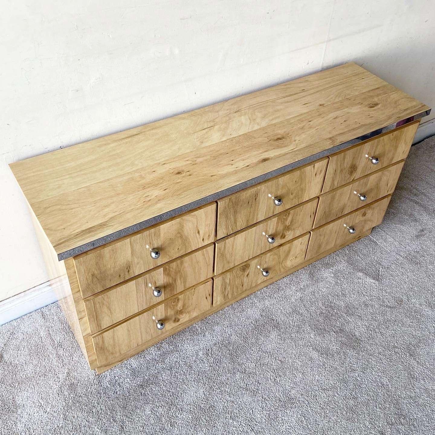 Late 20th Century Postmodern Wood Grain Laminate and Chrome Dresser - 9 Drawers For Sale