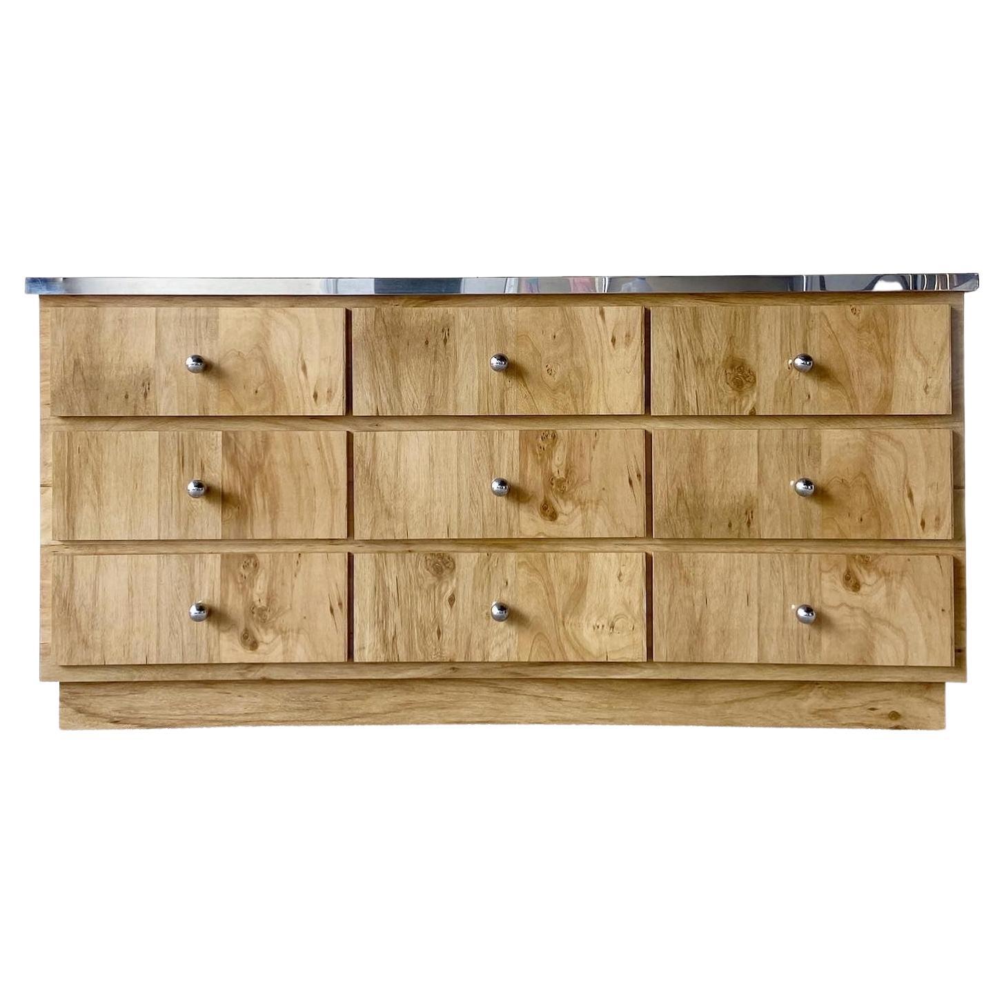 Postmodern Wood Grain Laminate and Chrome Dresser, 9 Drawers