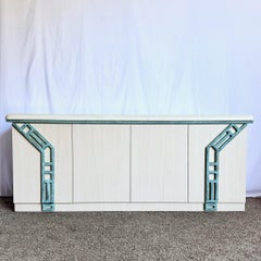 Postmodern Wood Grain Laminate Credenza With Tribal Turquoise Metal Accents