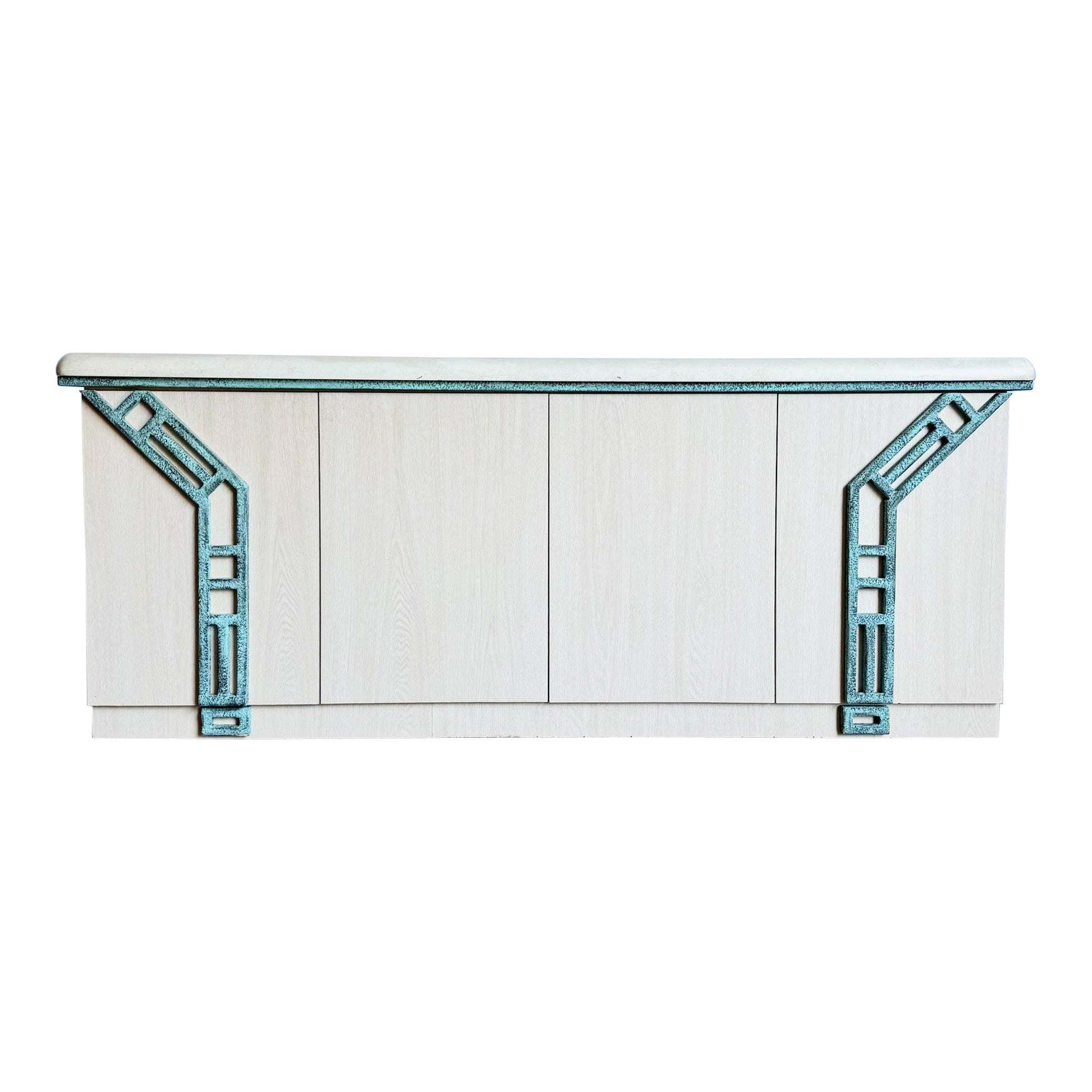 Postmodern Wood Grain Laminate Credenza With Tribal Turquoise Metal Accents