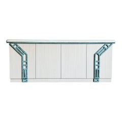 Postmodern Wood Grain Laminate Credenza With Tribal Turquoise Metal Accents