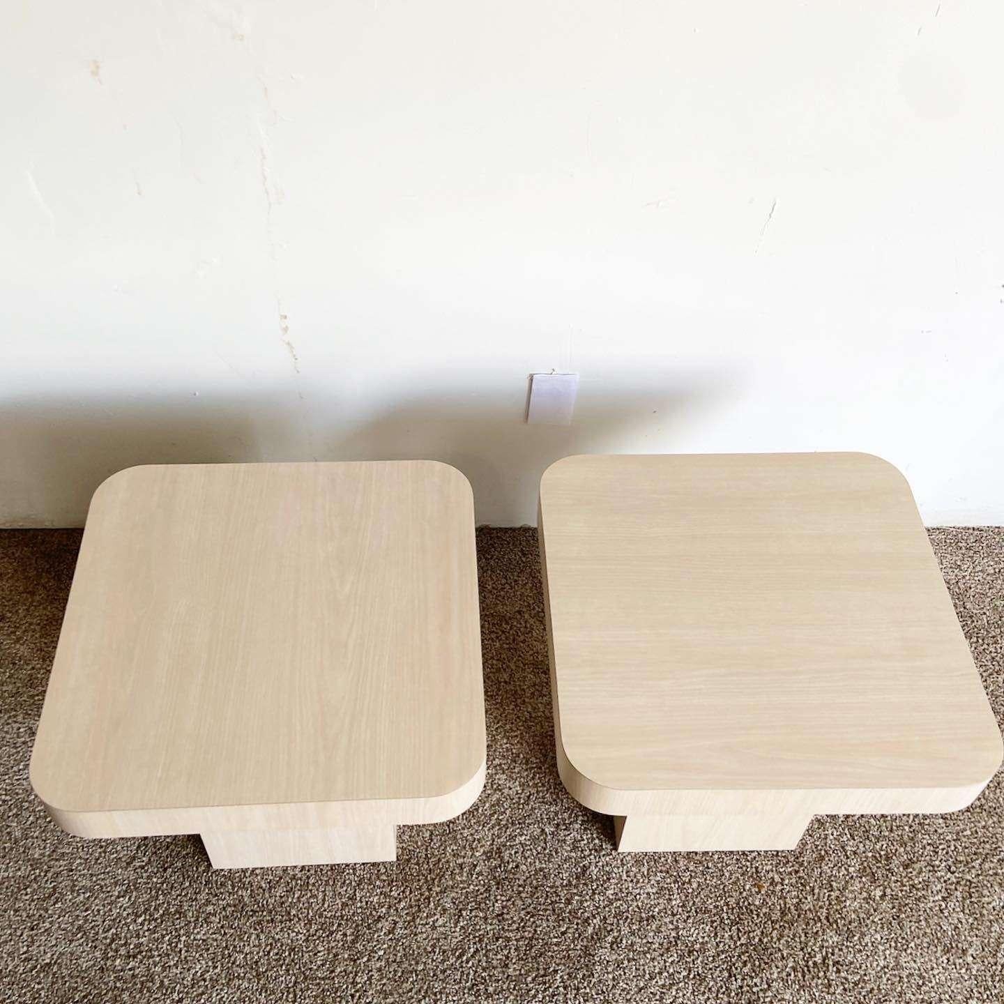American Postmodern Wood Grain Laminate Mushroom Side Tables - a Pair For Sale