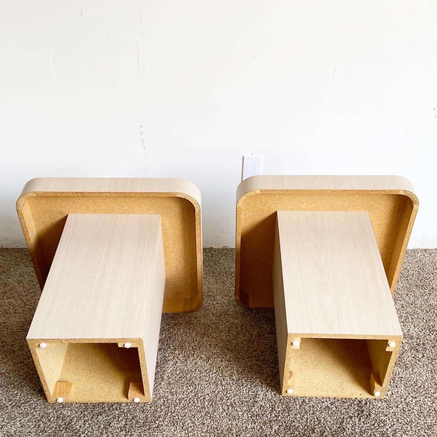 Postmodern Wood Grain Laminate Mushroom Side Tables - a Pair In Good Condition For Sale In Delray Beach, FL