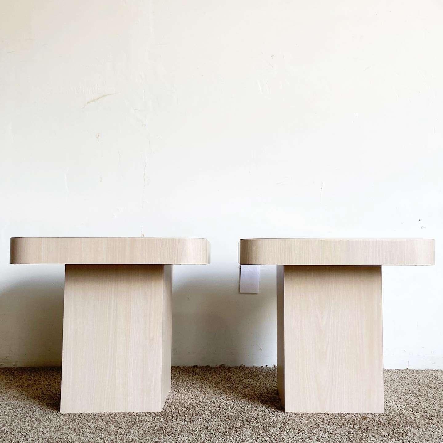 Late 20th Century Postmodern Wood Grain Laminate Mushroom Side Tables - a Pair For Sale