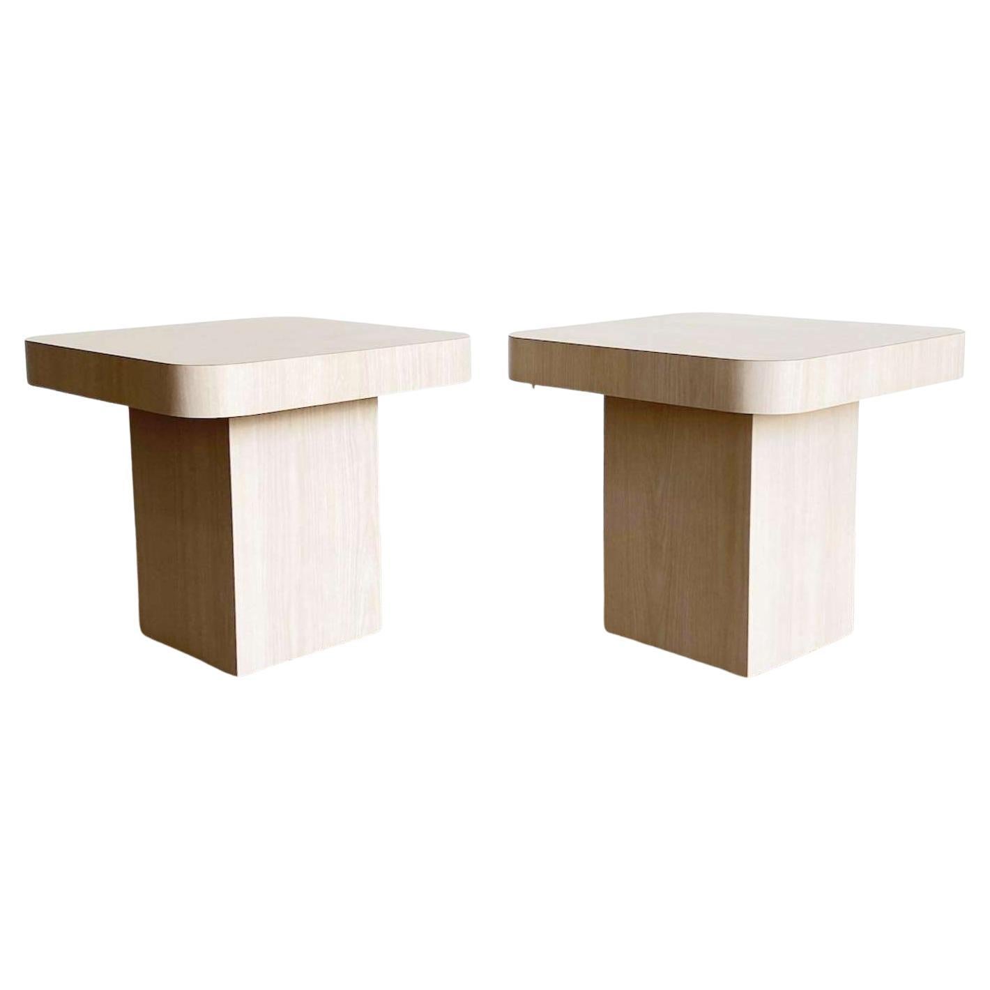 Postmodern Wood Grain Laminate Mushroom Side Tables - a Pair For Sale