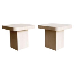 Retro Postmodern Wood Grain Laminate Mushroom Side Tables - a Pair