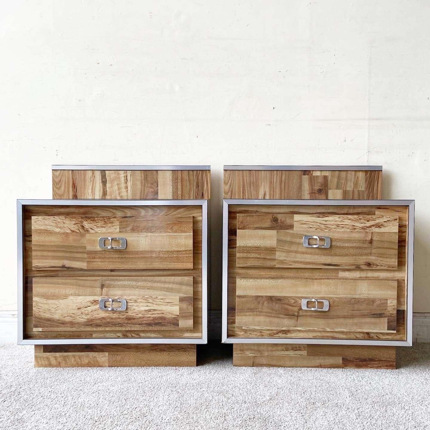 Late 20th Century Postmodern Wood Grain Laminate Queen Headboard and Nightstands - 3 Pieces For Sale