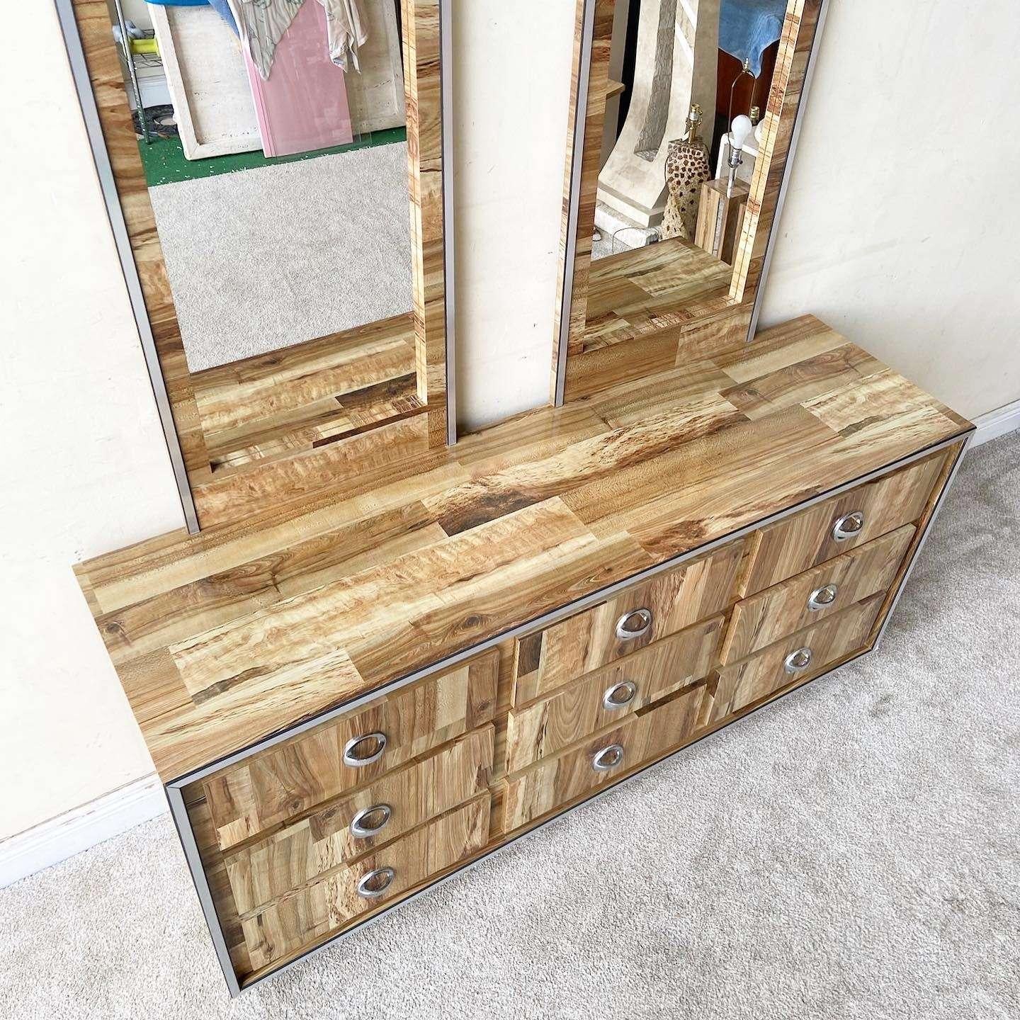 Postmodern Woodgrain Laminate Dresser With Mirrors - 3 Pieces In Good Condition For Sale In Delray Beach, FL