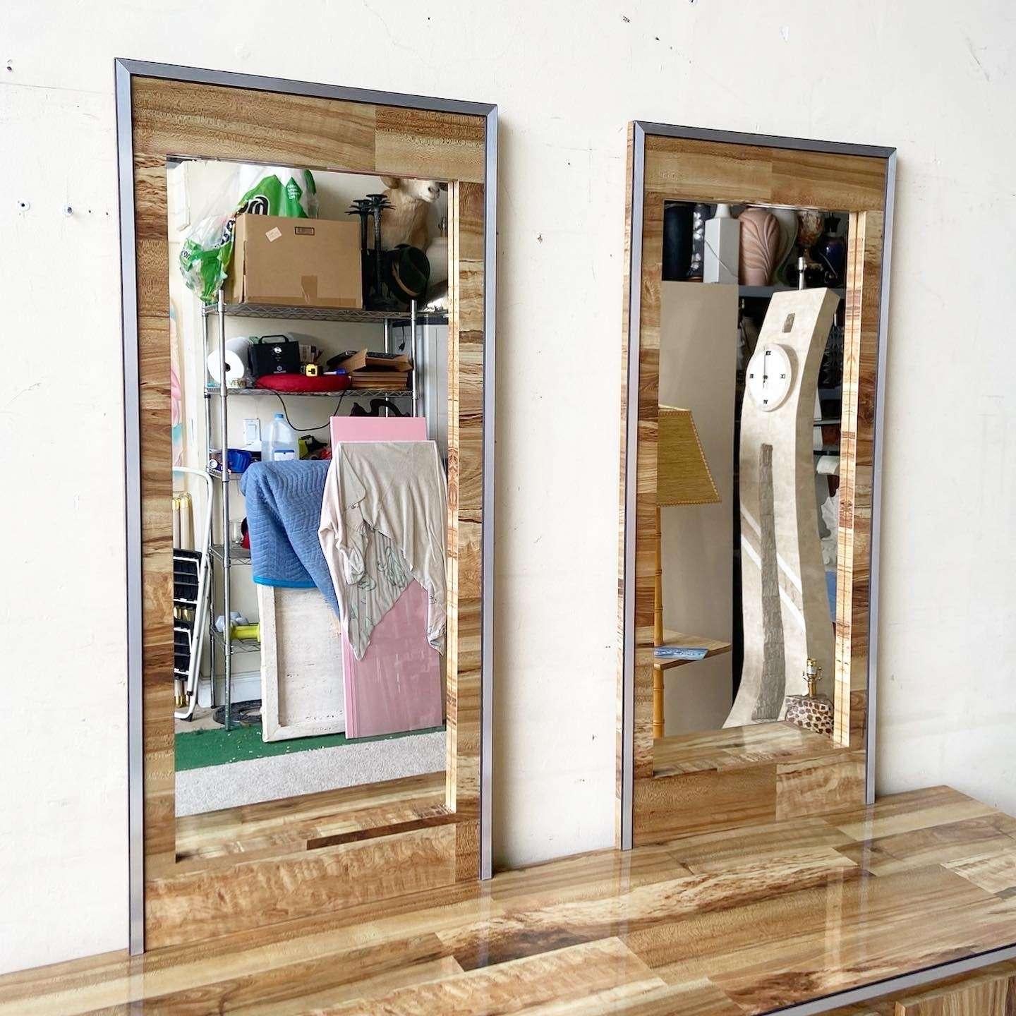 Late 20th Century Postmodern Woodgrain Laminate Dresser With Mirrors - 3 Pieces For Sale