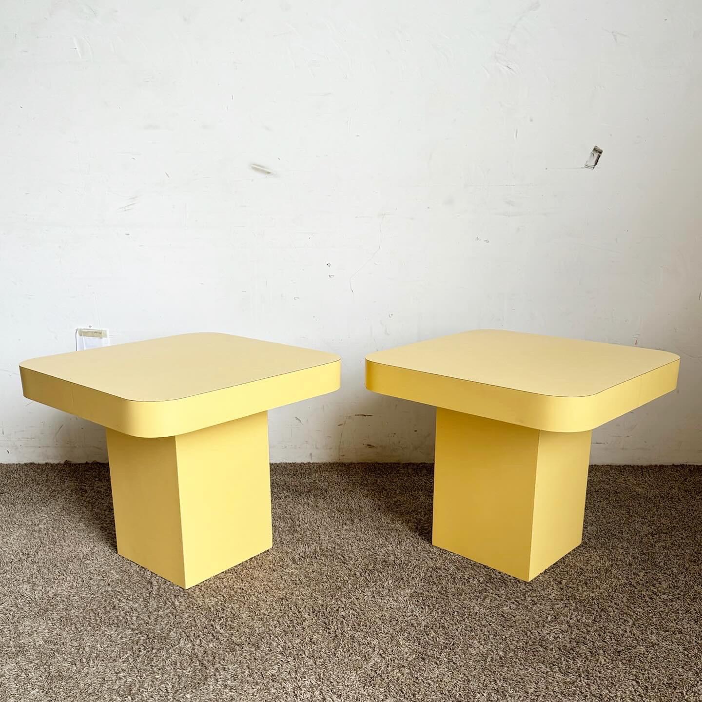 The Postmodern Yellow Laminate Mushroom Side Tables are a vibrant and playful addition to any interior. With a whimsical mushroom shape and bold yellow laminate finish, they capture the essence of postmodern design. These tables serve as functional