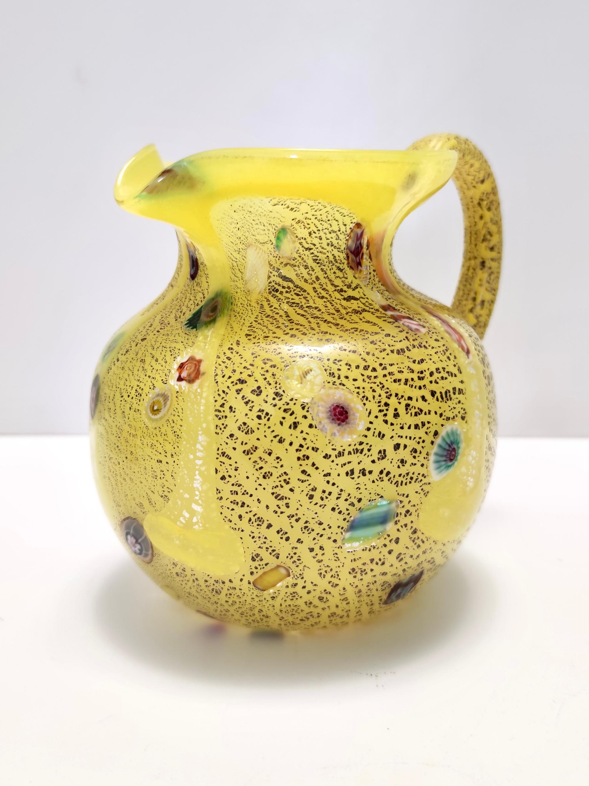 Italian Postmodern Yellow Opaline Hand Blown Glass Jug with Murrines and Silver Flakes For Sale
