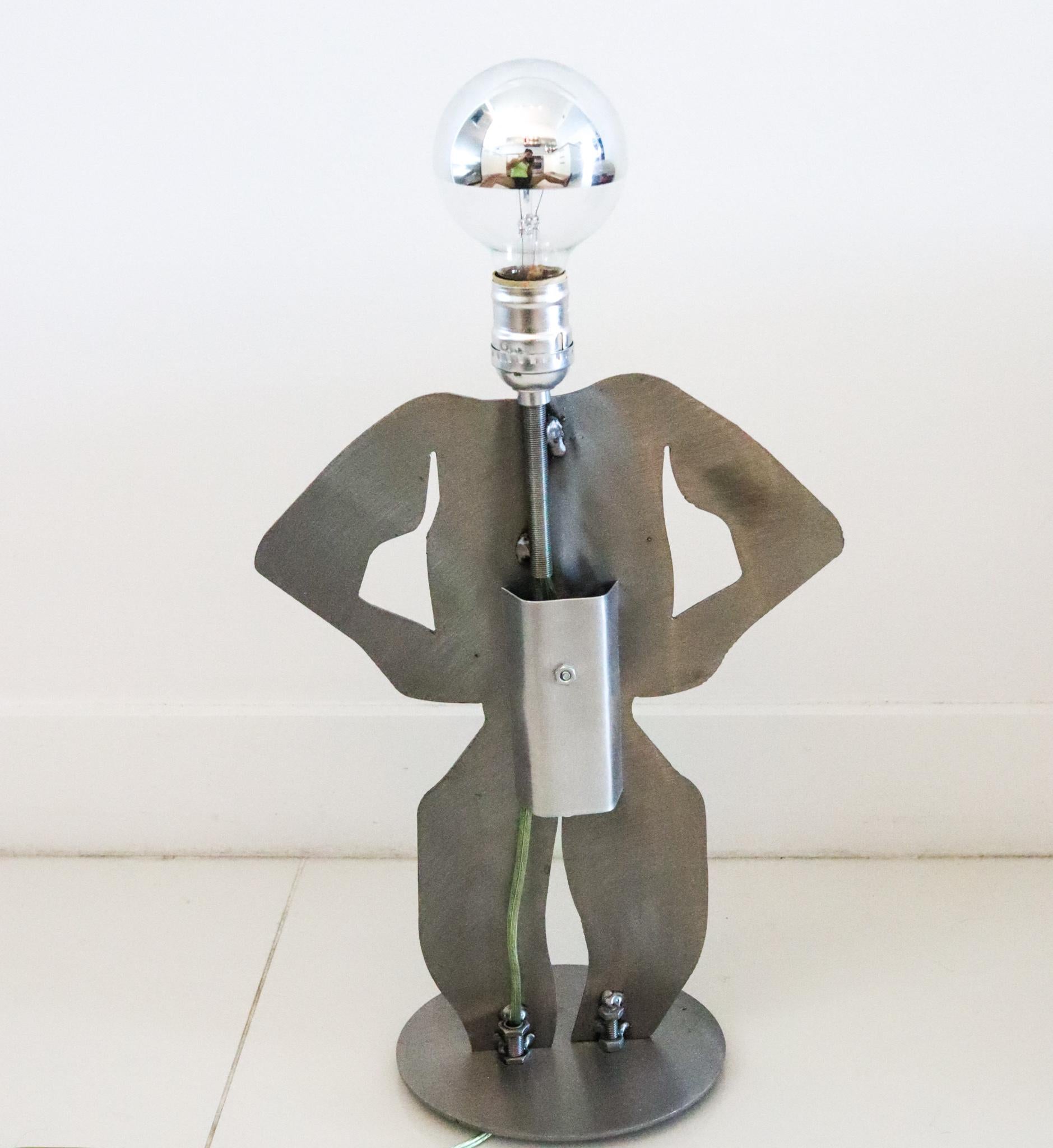 Brushed Postmodernist 1980 Memphis Pop-Art Lamp In Stainless Steel In The Shape of Man For Sale