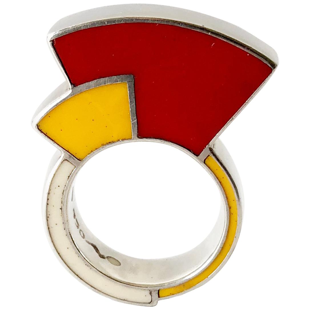 1980s Post Modernist Sterling Silver Enamel Memphis Ring