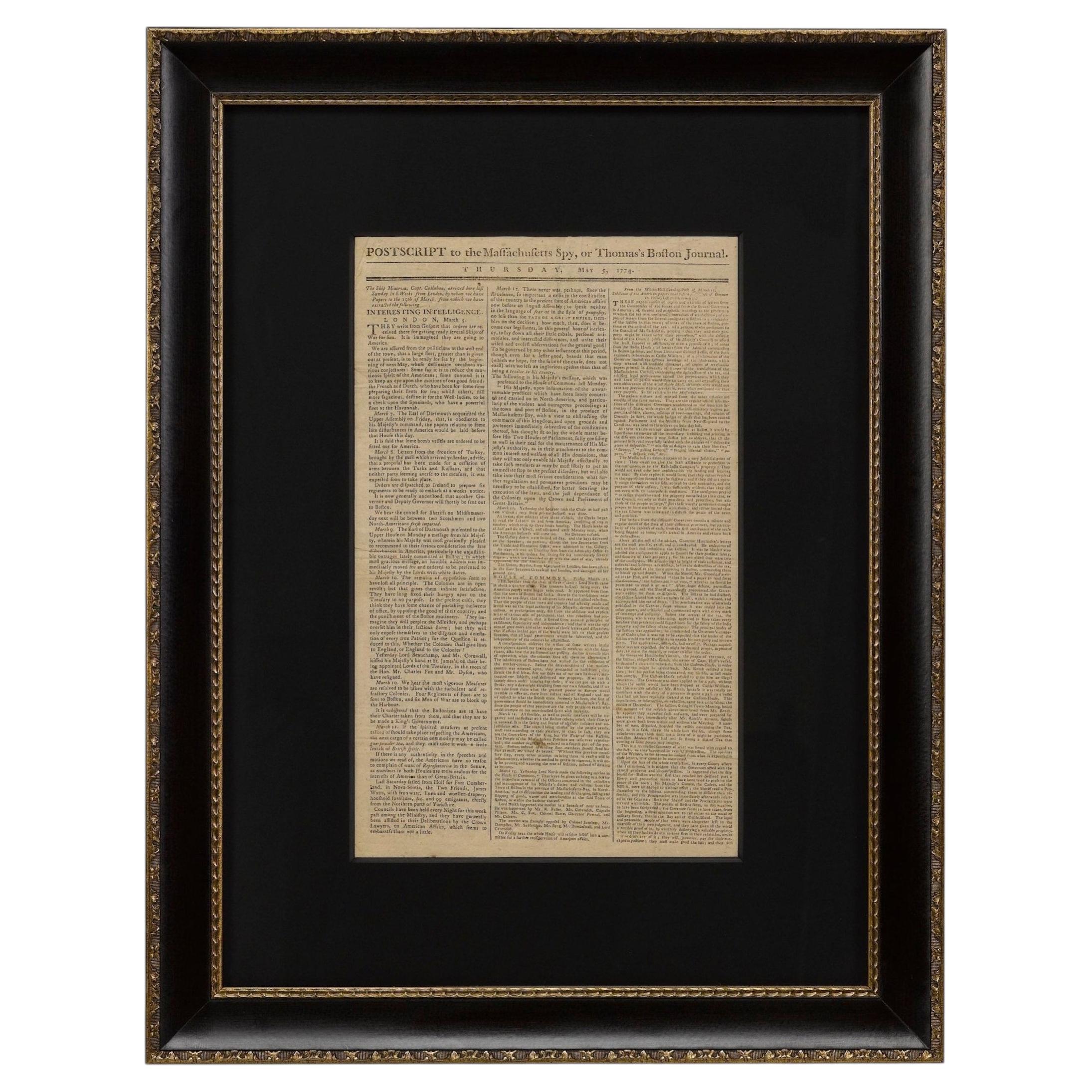 "Postilla a *The Massachusetts Spy*", 5 maggio 1774, con la cronaca del Boston Tea Party in vendita