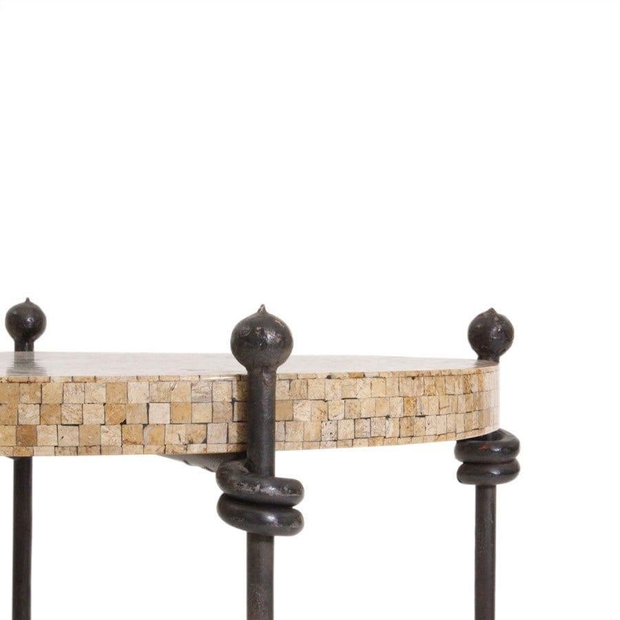 Postwar Period Forge Round Tiles Marble Black Brown French Side Table, 1940 In Good Condition In Madrid, ES