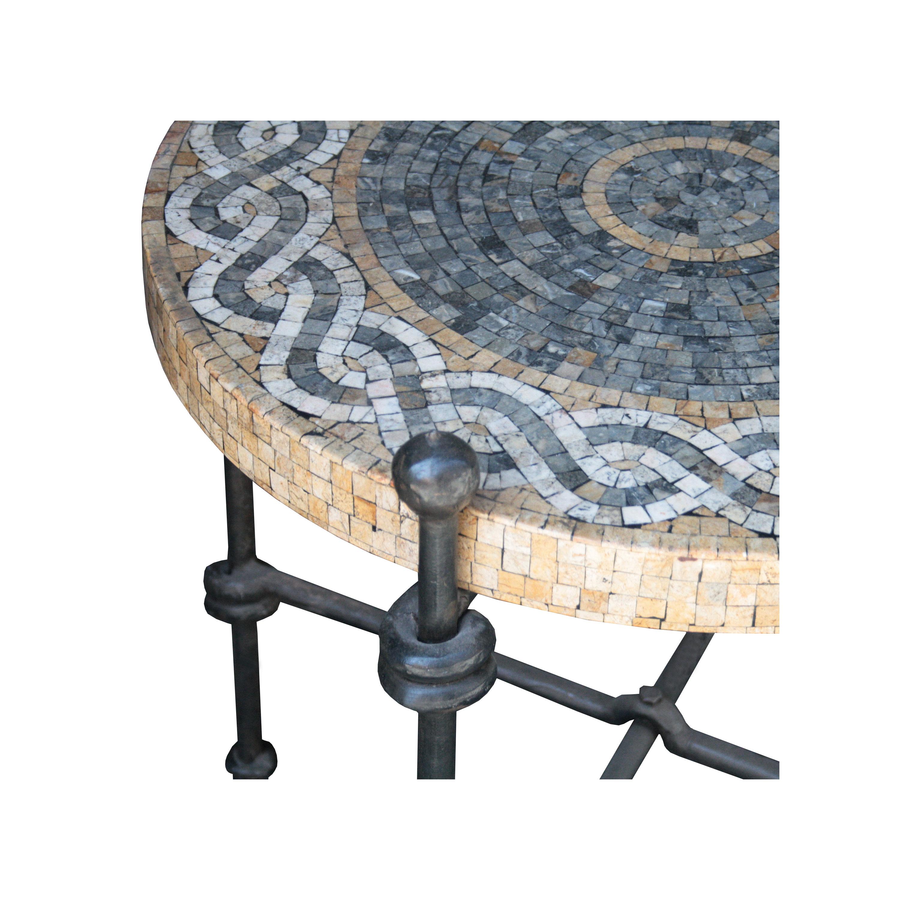 Mid-20th Century Postwar Period Forge Round Tiles Marble Black Brown French Side Table, 1940