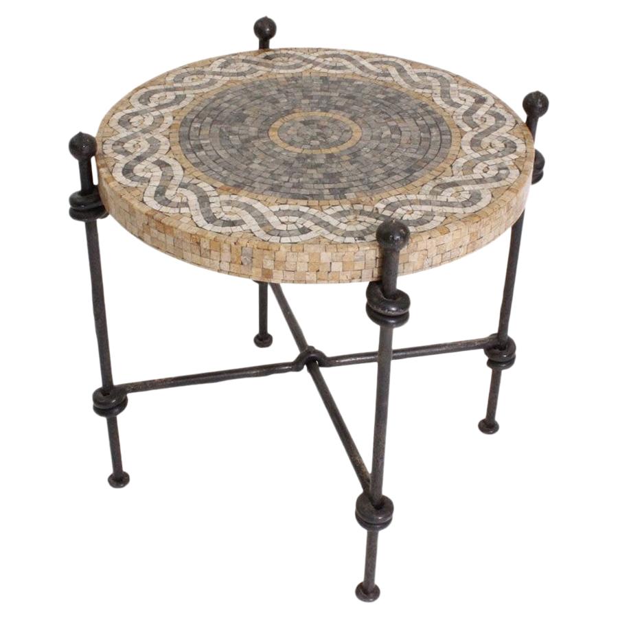 Postwar Period Forge Round Tiles Marble Black Brown French Side Table, 1940