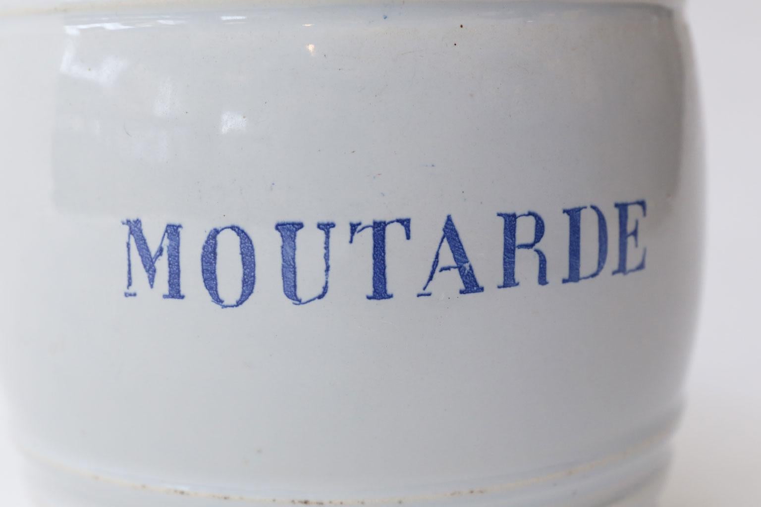 White faience mustard pot (Pot à Moutarde en Faïence): French 19th century ribbed barrel-shape mustard pot in tin-glazed terracotta. Marked 