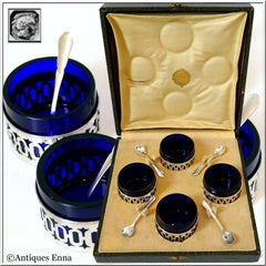 Pot French Sterling Silver Four Salt Cellars, Original Cobalt Liners, Spoons Box