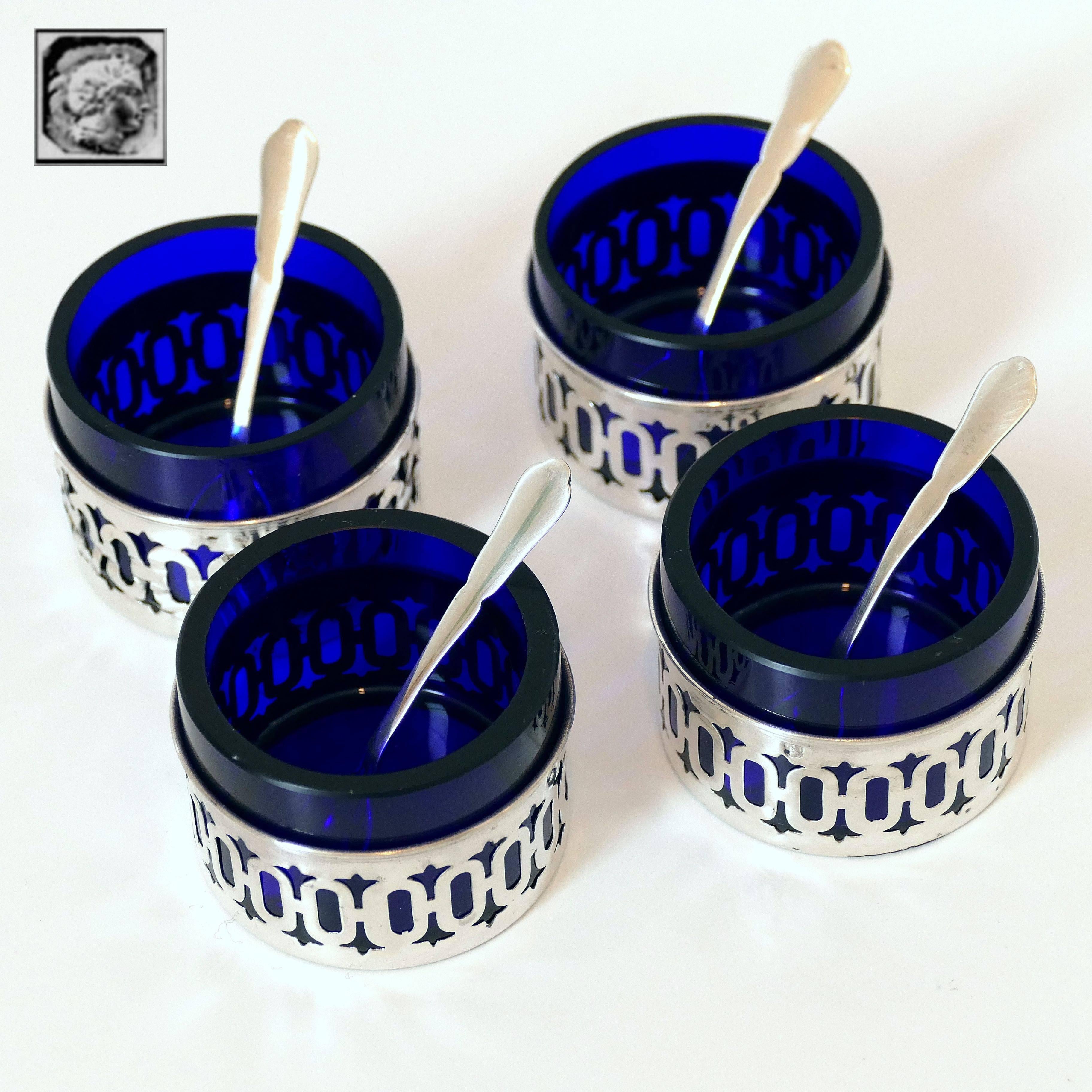 Art Nouveau Pot French Sterling Silver Four Salt Cellars, Original Cobalt Liners, Spoons Box For Sale