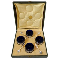 Pot French Sterling Silver Four Salt Cellars, Original Cobalt Liners, Spoons Box