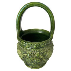  Pot or Box 19th Century Majolica France Ceramic Green with an Circular Handle