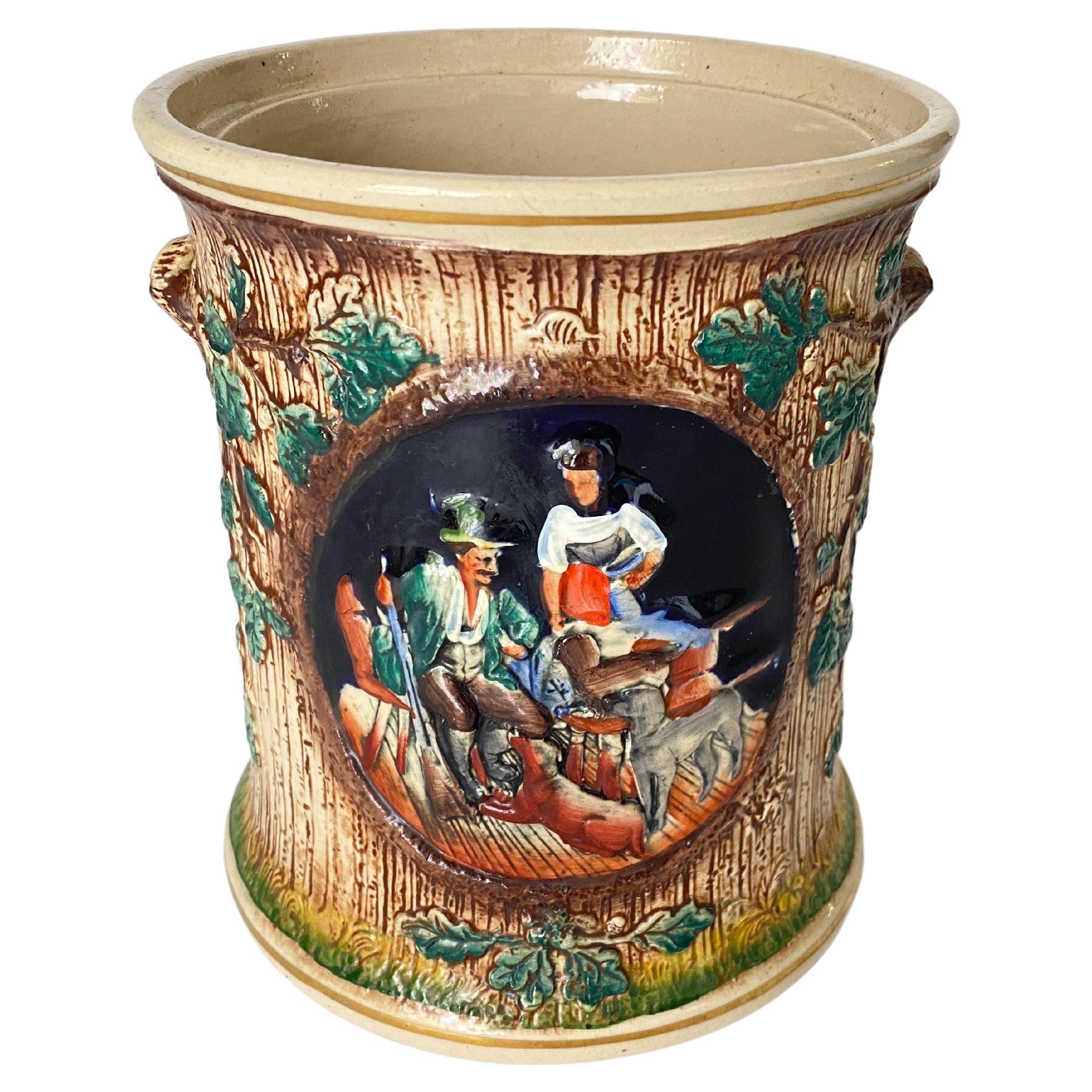  Pot or Box 19th Century Majolica Gremany Ceramic Beige Blue For Sale