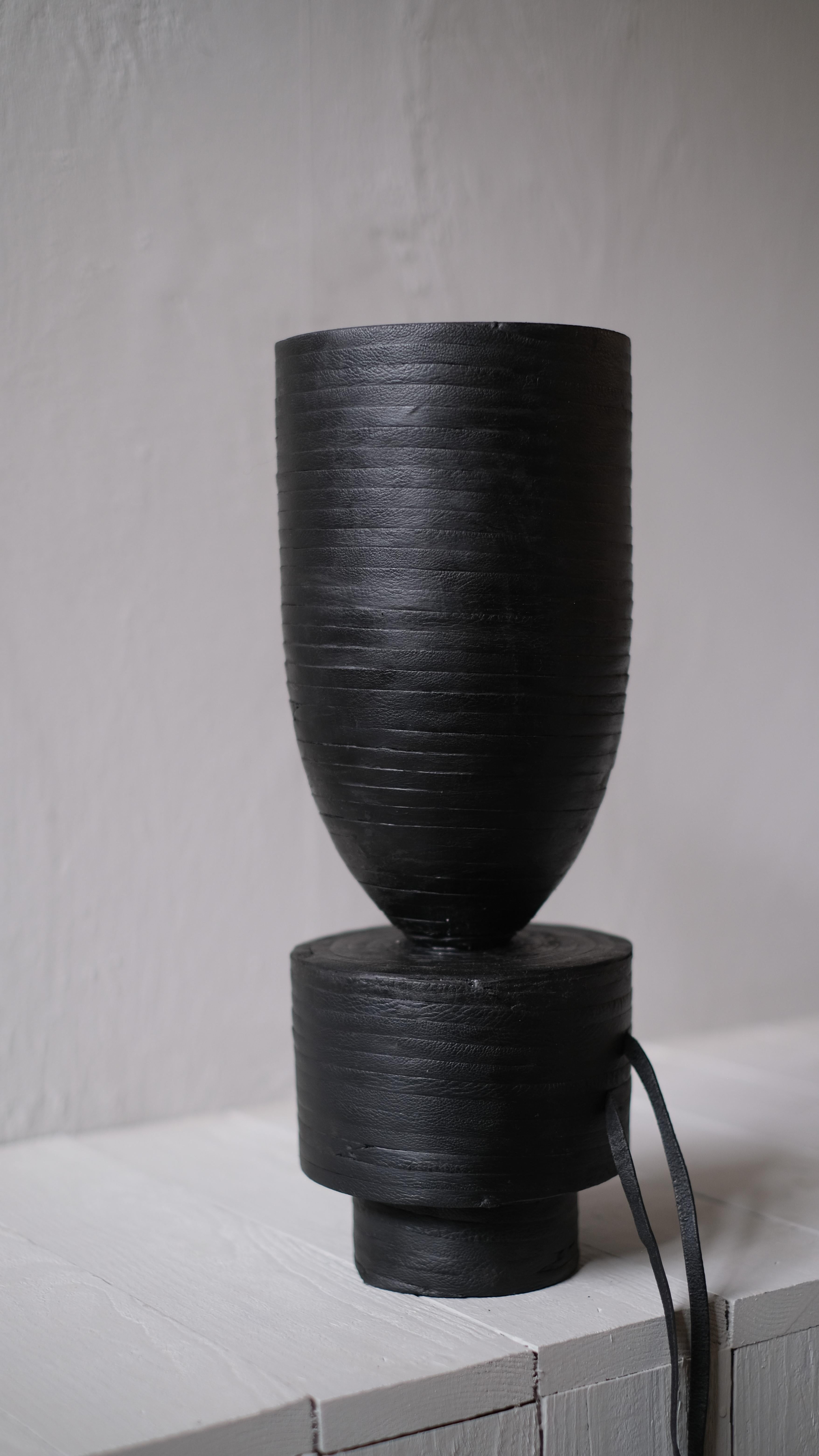 Modern Pot Vase Leather in Iroko Wood by Arno Declercq