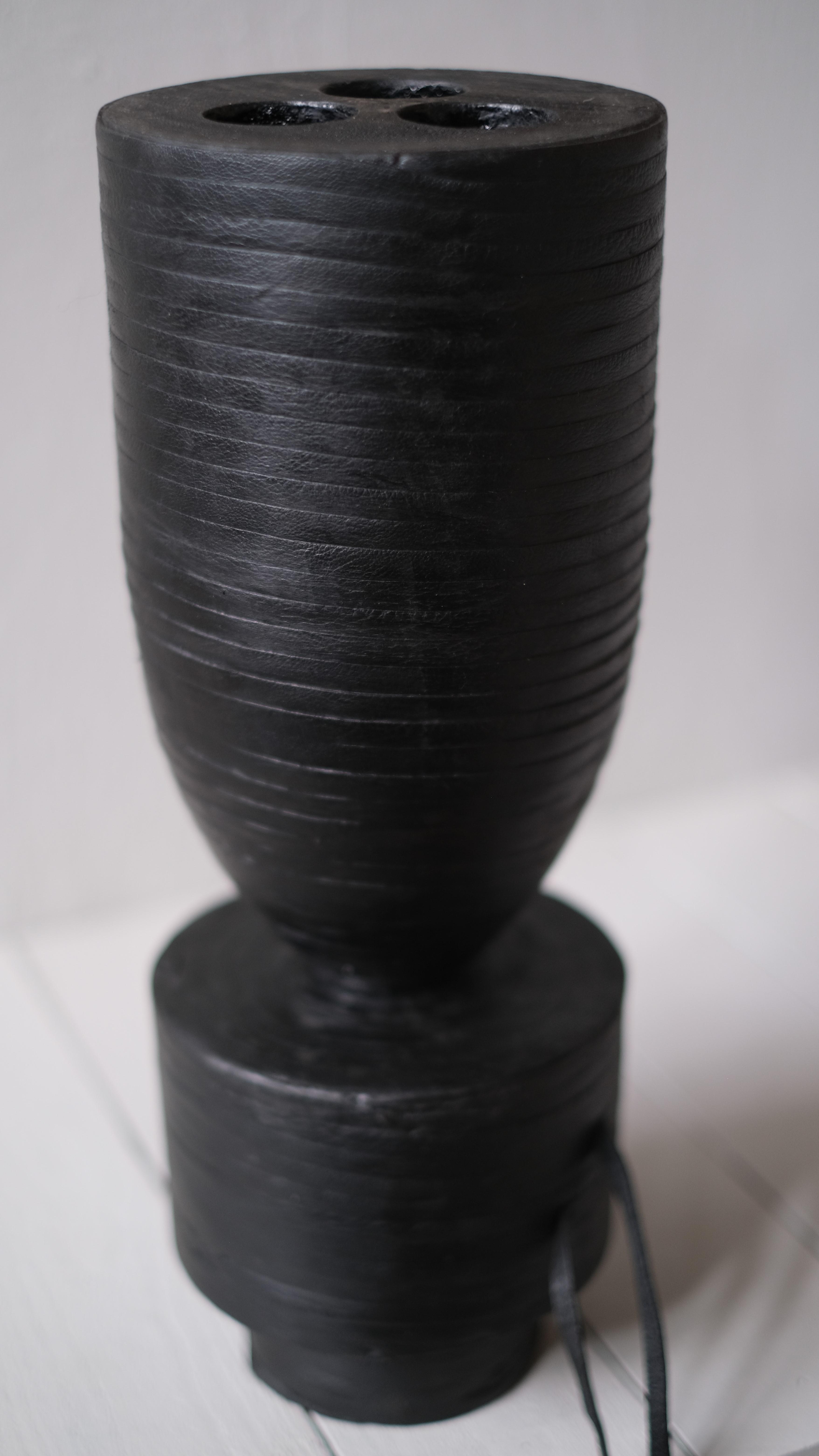 Belgian Pot Vase Leather in Iroko Wood by Arno Declercq For Sale