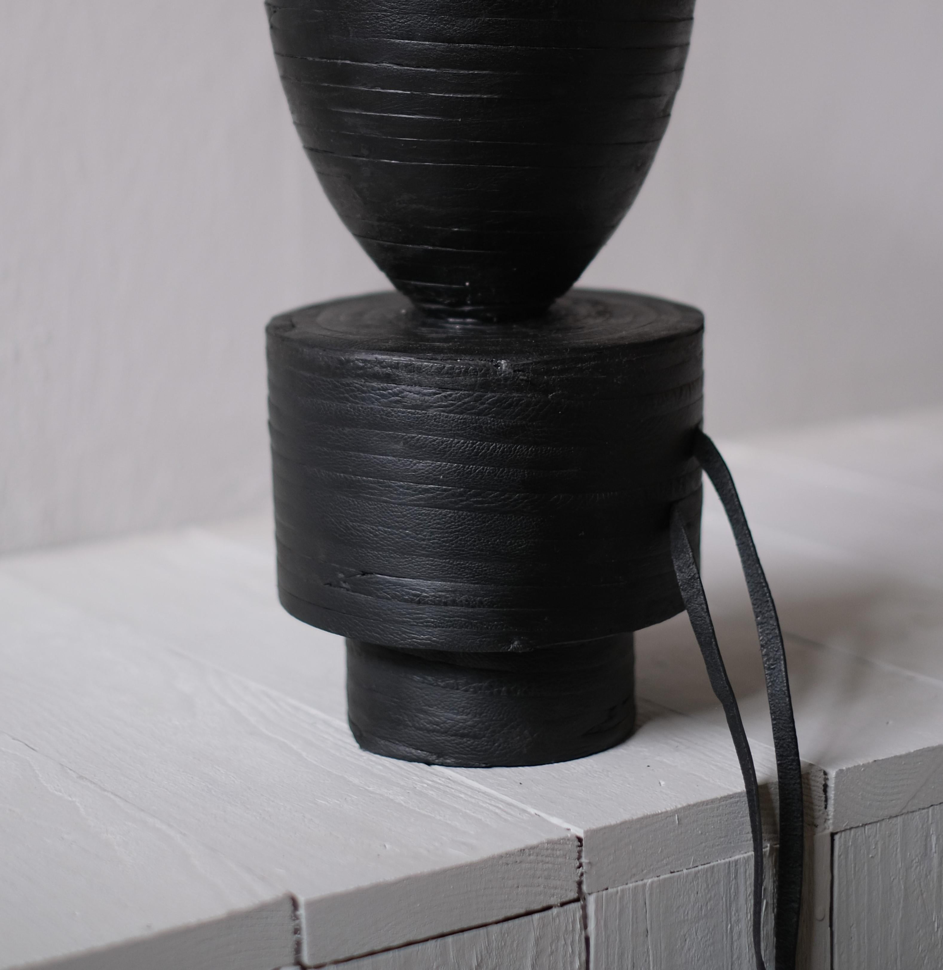 Pot Vase Leather in Iroko Wood by Arno Declercq In New Condition For Sale In Geneve, CH
