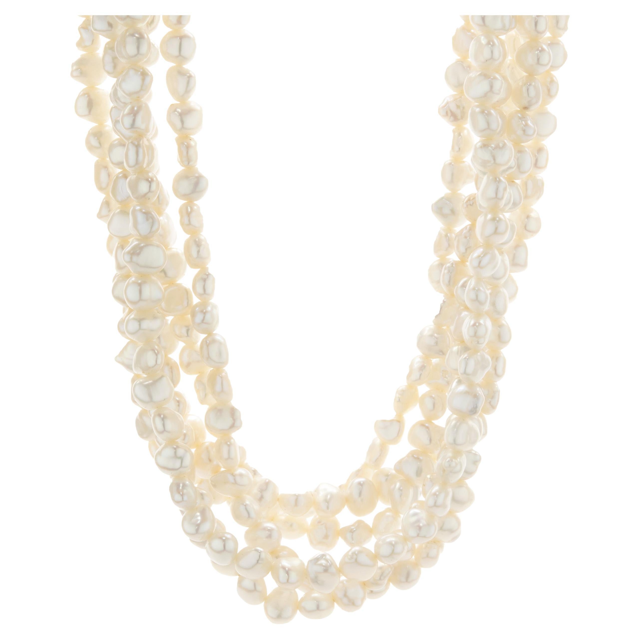 Potato Pearl Multi Strand Necklace with 14 Karat Yellow Gold Floral Style Clasp For Sale