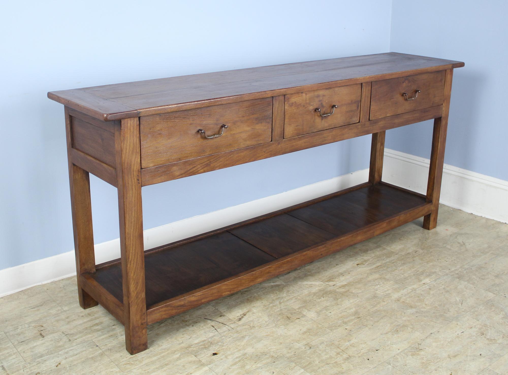 A lovely fruitwood potboard server, custom made for Briggs House in France. Generously proportioned with a thick top, three roomy drawers, and vivid color.