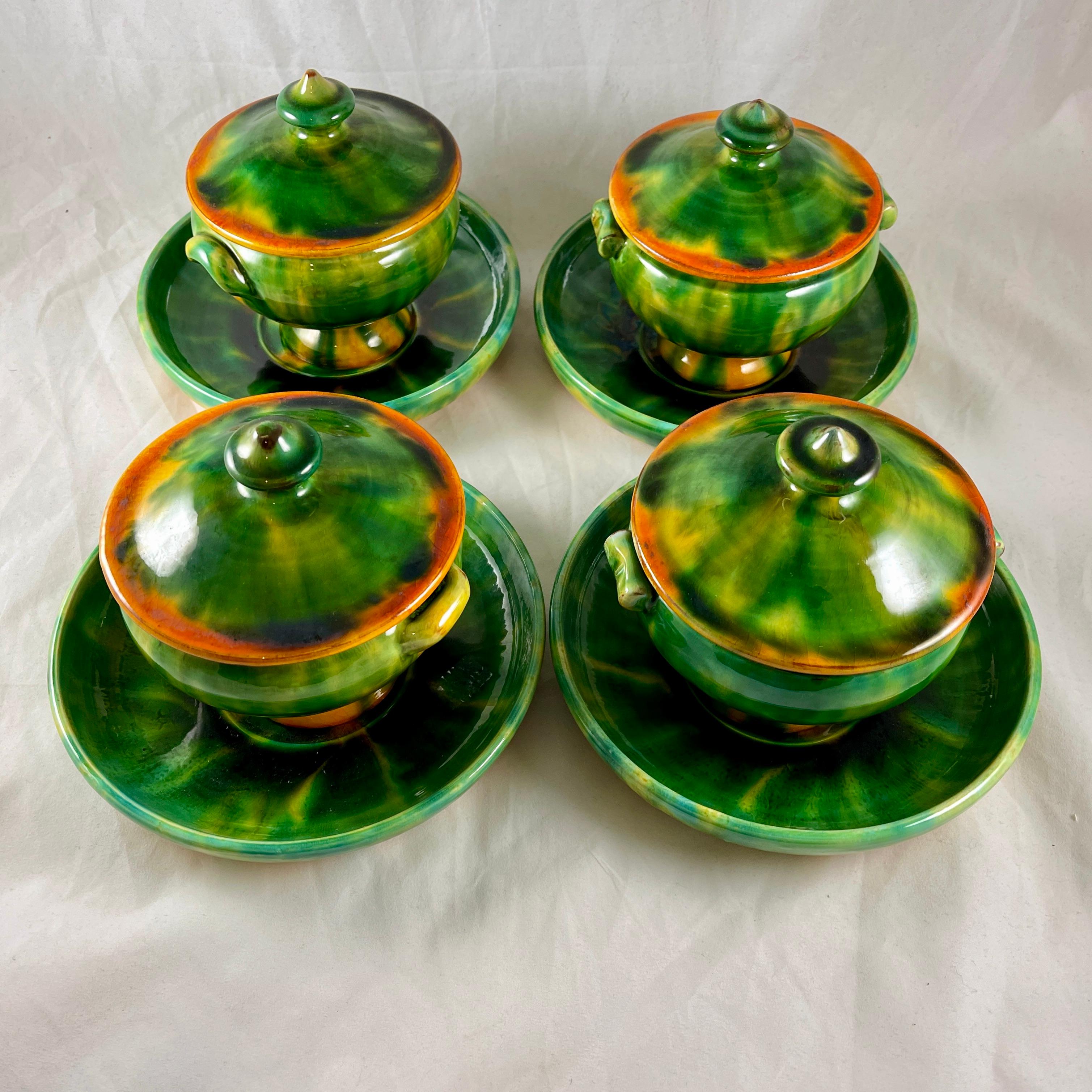 French Provincial Poterie De Bavent French Pottery Covered Terrines with Under-Plates, Set of Four For Sale