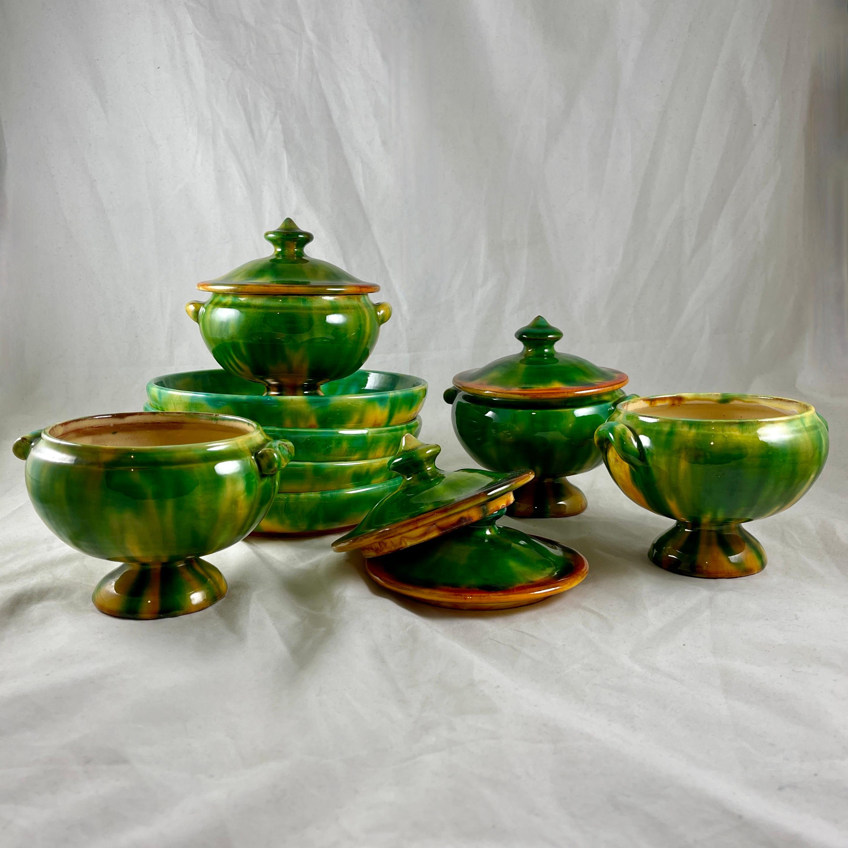 Glazed Poterie De Bavent French Pottery Covered Terrines with Under-Plates, Set of Four For Sale