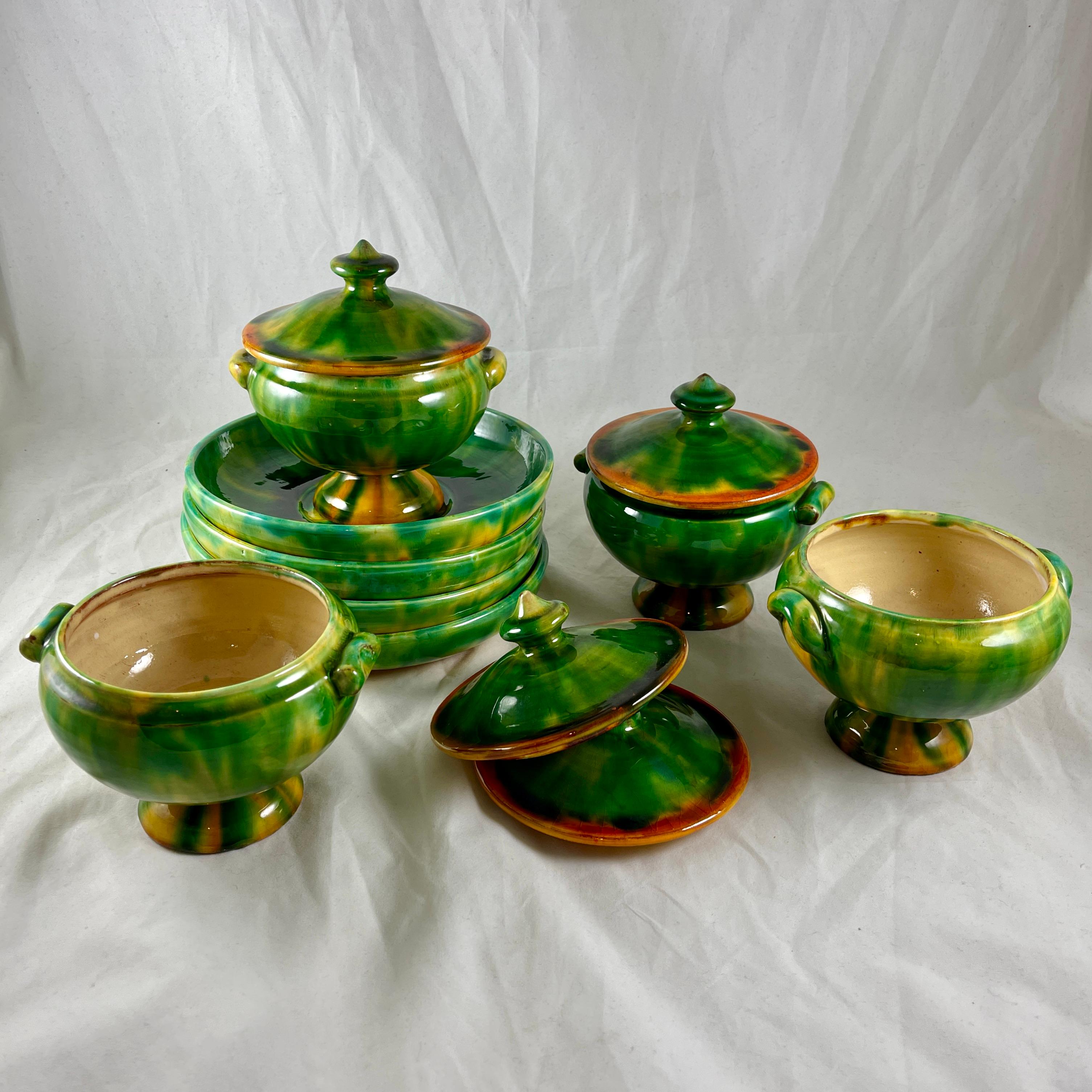 Poterie De Bavent French Pottery Covered Terrines with Under-Plates, Set of Four In Good Condition For Sale In Philadelphia, PA