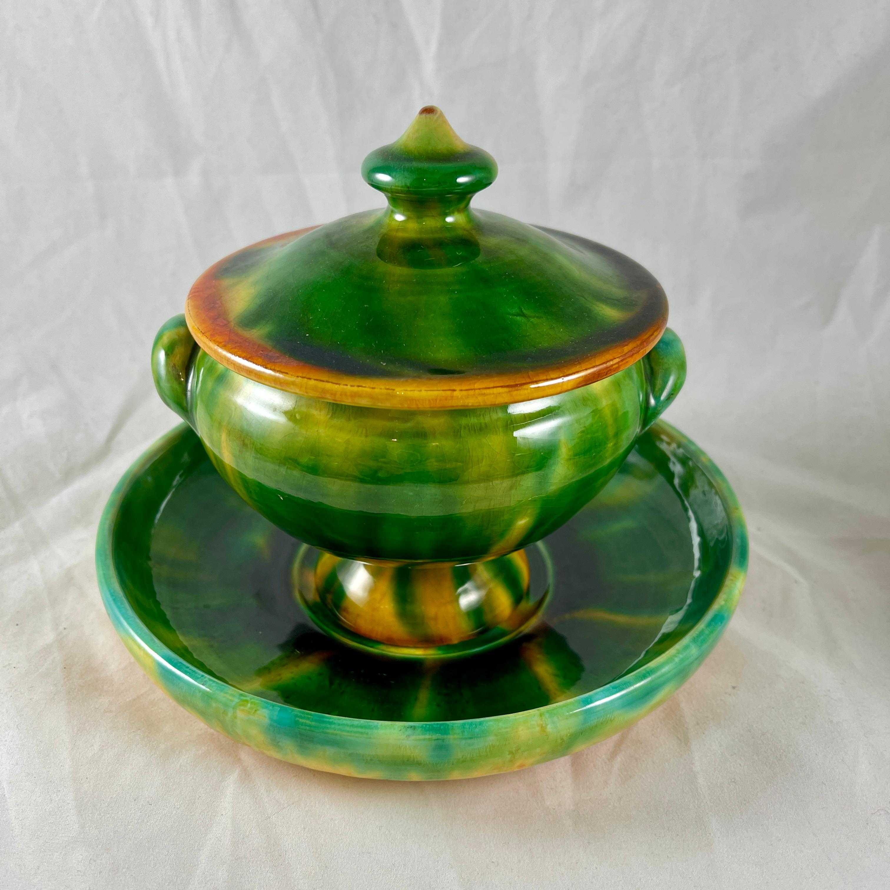20th Century Poterie De Bavent French Pottery Covered Terrines with Under-Plates, Set of Four For Sale