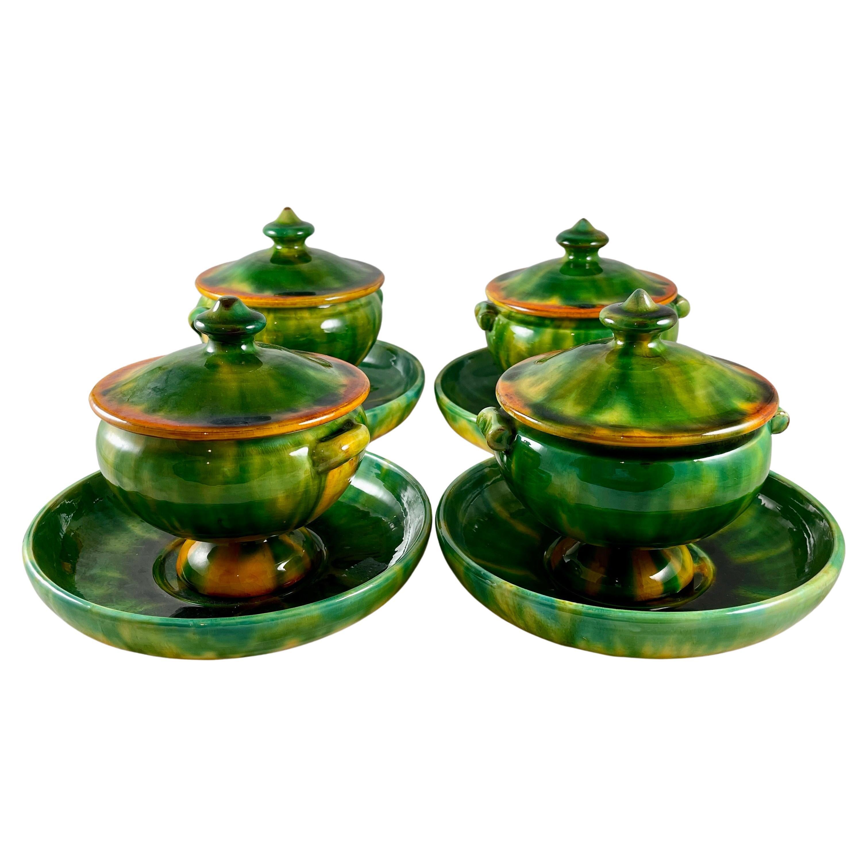 Poterie De Bavent French Pottery Covered Terrines with Under-Plates, Set of Four For Sale