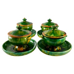 Vintage Poterie De Bavent French Pottery Covered Terrines with Under-Plates, Set of Four