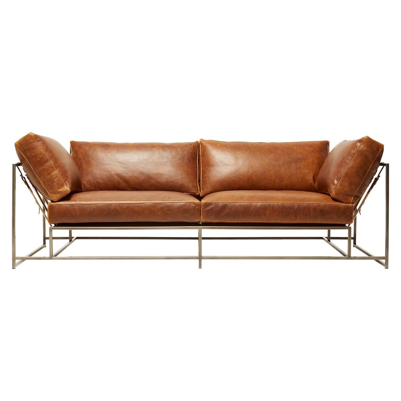 Potomac Leather and Antique Nickel Two-Seat Sofa with Off-White Belting For Sale