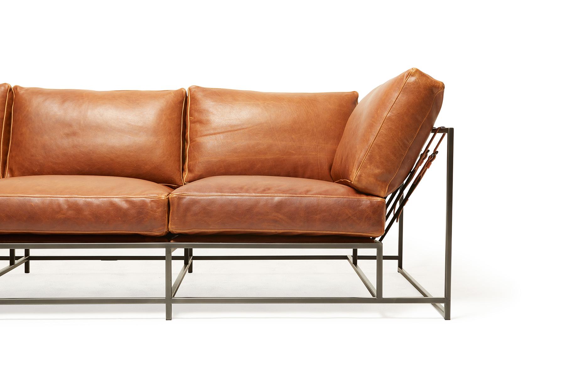 Modern Potomac Tan Leather and Blackened Steel Sofa For Sale